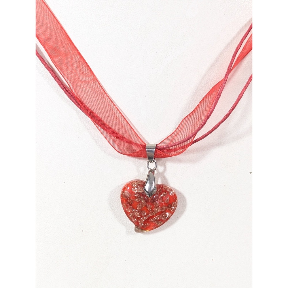 Boho Red Dichroic Glass Puffy Heart Pendant Ribbon Necklace Magnetic Clasp 20 in
